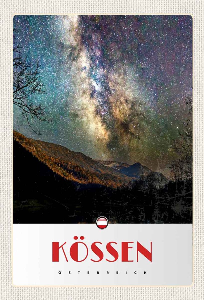 Holzschild 30x20 cm Kössen Österreich Himmel Sterne Abend Bildmotiv Reisemotiv Abenteuer Reisen
