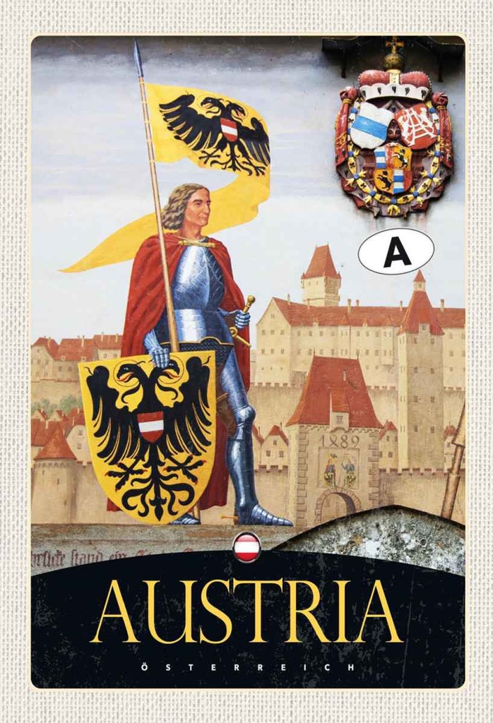 Holzschild 30x20 cm Österreich Ritter Burg 1889 Wappen Bildmotiv Reisemotiv Abenteuer Reisen