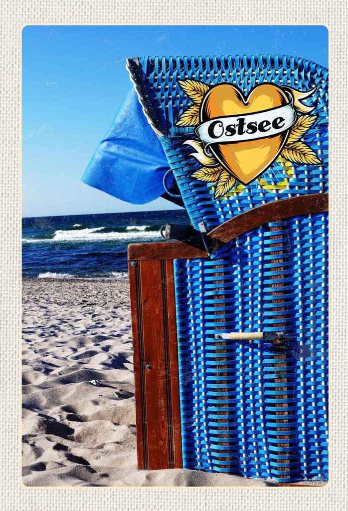 Holzschild 30x20 cm Ostsee Strandkorb blau Meer Strand Bildmotiv Reisemotiv Abenteuer Reisen