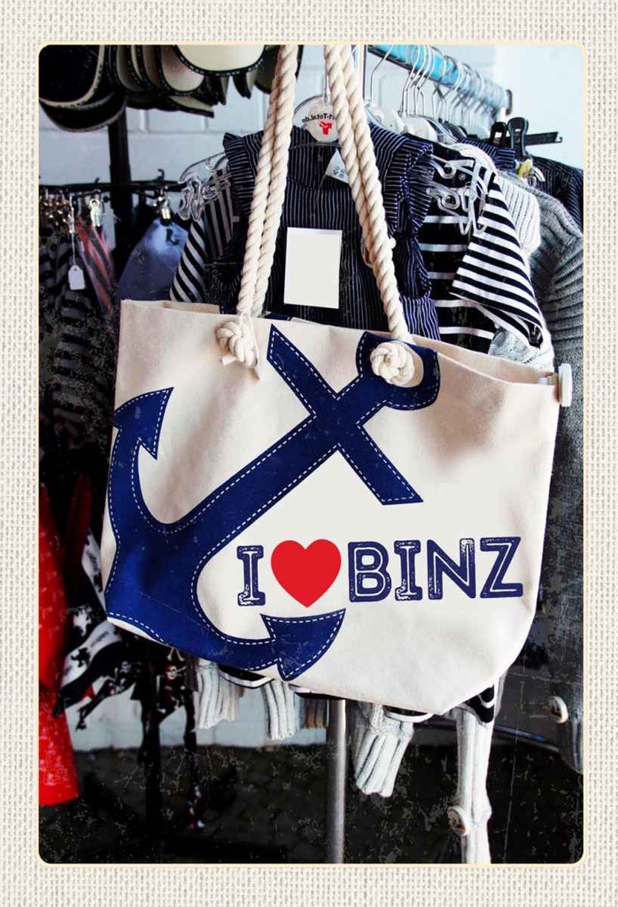 Holzschild 30x20 cm Binz Deutschland Anker Tasche weiß Bildmotiv Reisemotiv Abenteuer Reisen