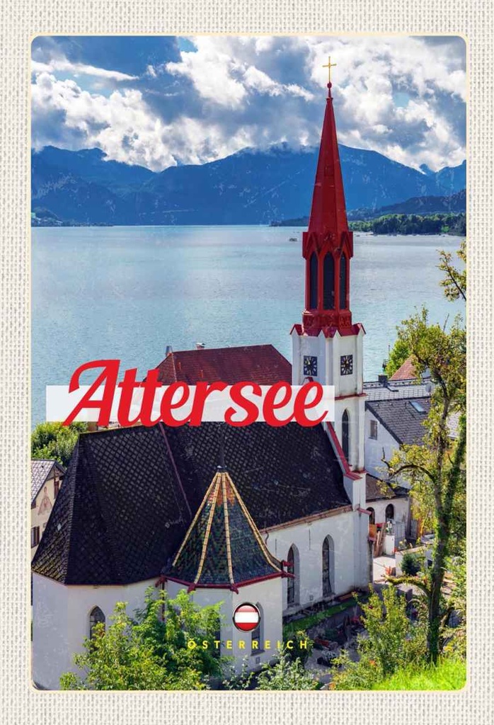 Holzschild 30x20 cm Attersee Österreich Kirche Berge See Bildmotiv Reisemotiv Abenteuer Reisen