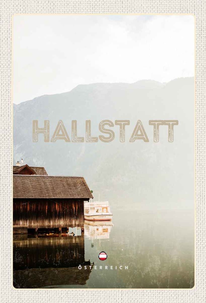 Holzschild 30x20 cm Hallstatt Österreich See Berge Boot Bildmotiv Reisemotiv Abenteuer Reisen