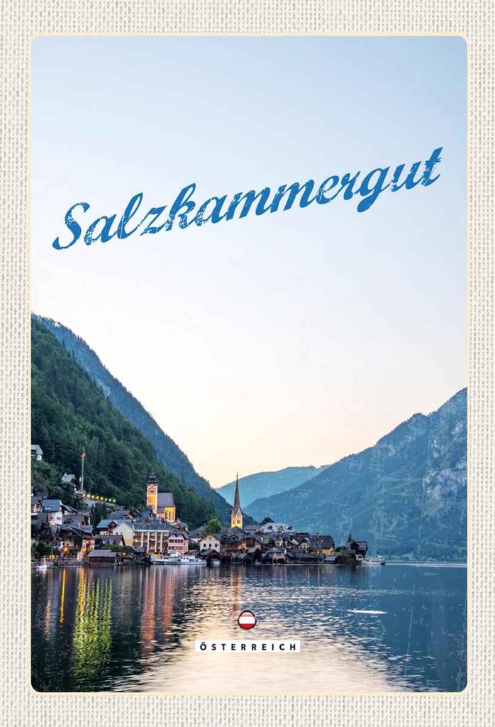 Holzschild 30x20 cm Salzkammergut Aussicht auf Stadt Bildmotiv Reisemotiv Abenteuer Reisen