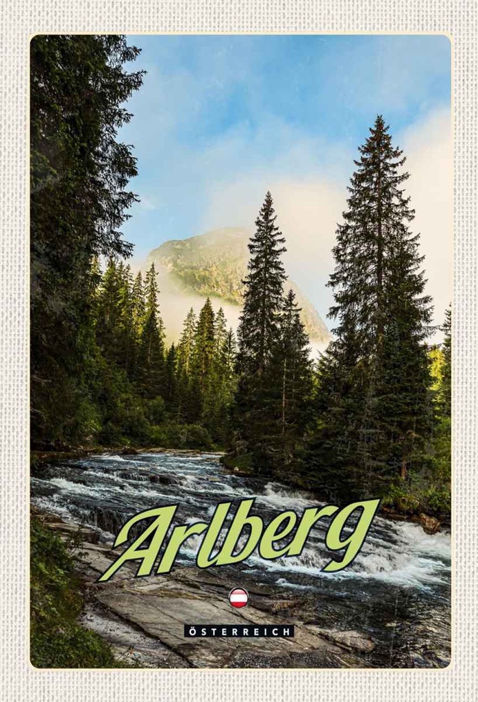 Holzschild 30x20 cm Arlberg Wälder Wasserfall Strömung Bildmotiv Reisemotiv Abenteuer Reisen