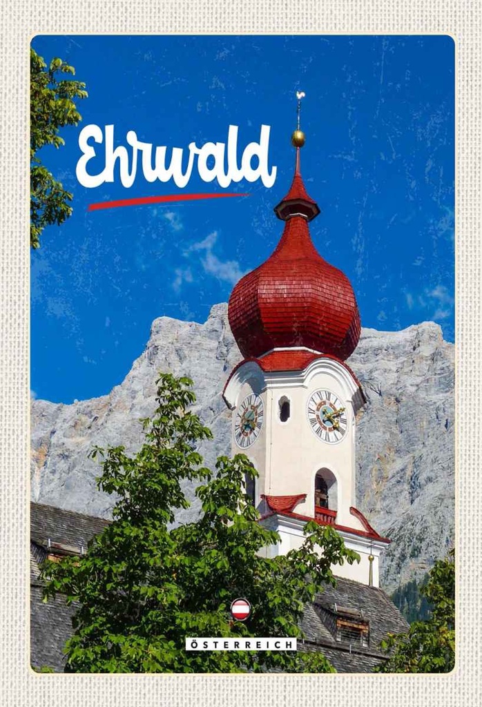 Holzschild 30x20 cm Whrwald Österreich Kirche roter Dach Bildmotiv Reisemotiv Abenteuer Reisen