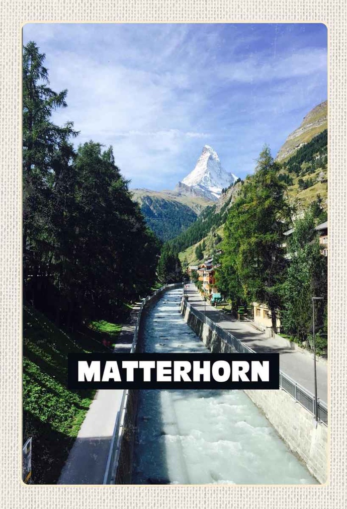 Holzschild 30x20 cm Matterhorn Schweiz Fluss Berg Stadt Bildmotiv Reisemotiv Abenteuer Reisen