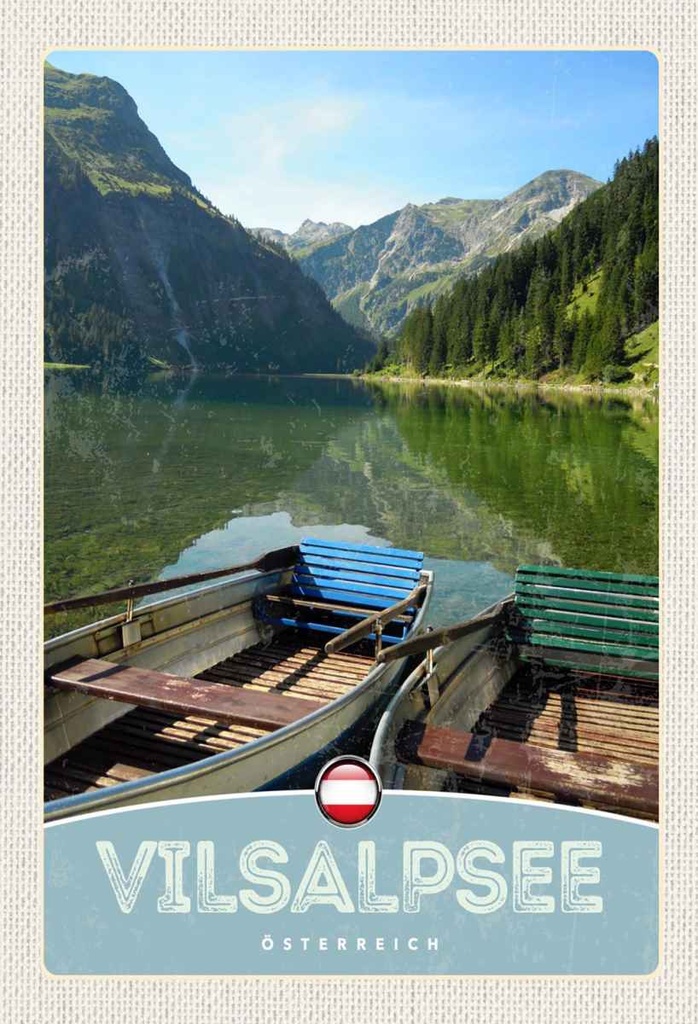 Holzschild 30x20 cm Vilsalpsee Österreich Wälder Boot Bildmotiv Reisemotiv Abenteuer Reisen