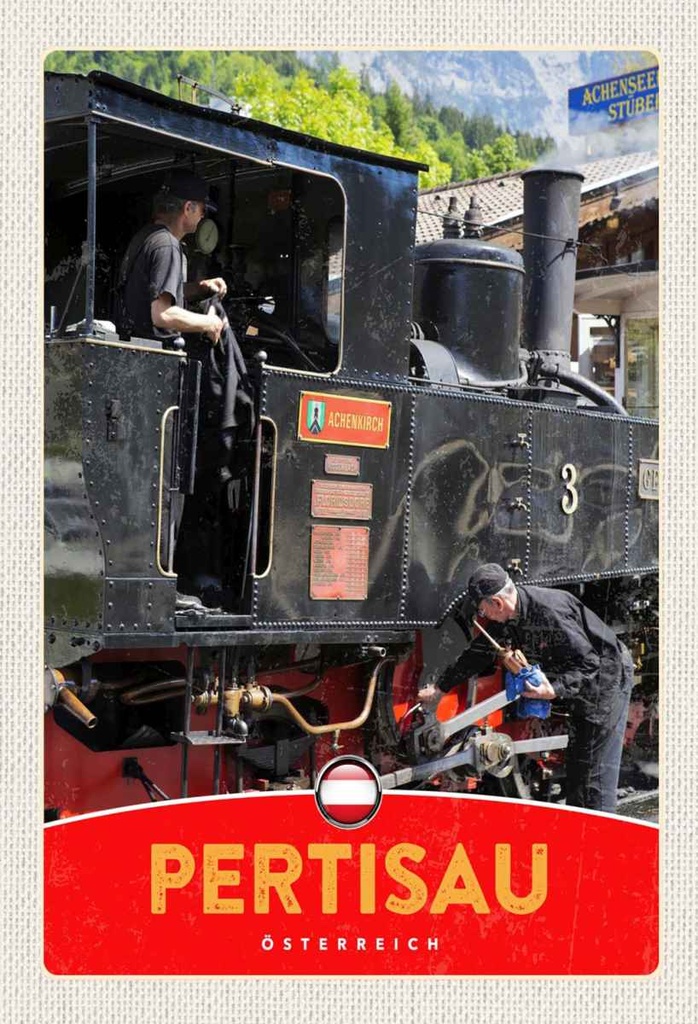 Holzschild 30x20 cm Pertisau Österreich Lokomotive Bildmotiv Reisemotiv Abenteuer Reisen