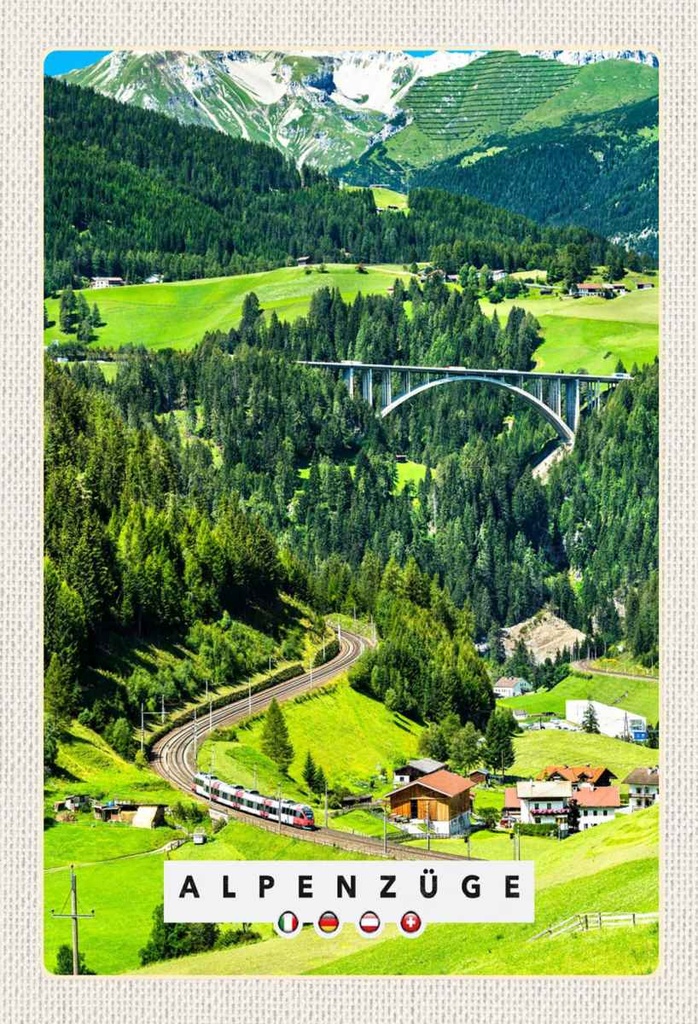 Holzschild 30x20 cm Alpenzüge Schweiz Österreich Brücke Bildmotiv Reisemotiv Abenteuer Reisen