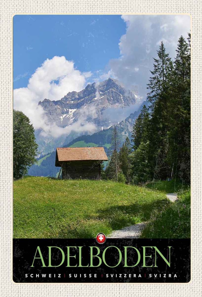 Holzschild 30x20 cm Adelboden Schweiz Wälder Häuschen Bildmotiv Reisemotiv Abenteuer Reisen
