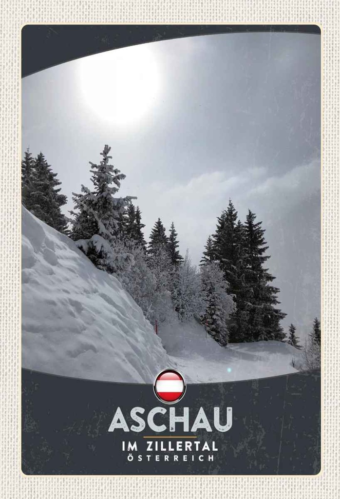 Holzschild 30x20 cm Aschau im Zillertal Österreich Schnee Bildmotiv Reisemotiv Abenteuer Reisen