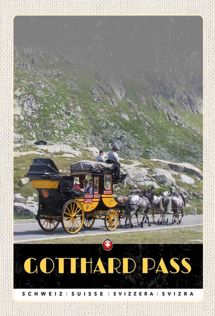 Holzschild 30x20 cm Gotthard Pass Schweiz Pferdekutsche Bildmotiv Reisemotiv Abenteuer Reisen