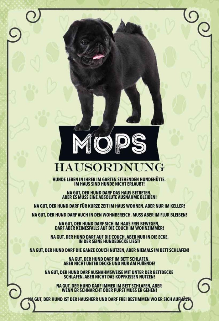Holzschild 30x20 cm Tiere Mops Hausordnung Hunde