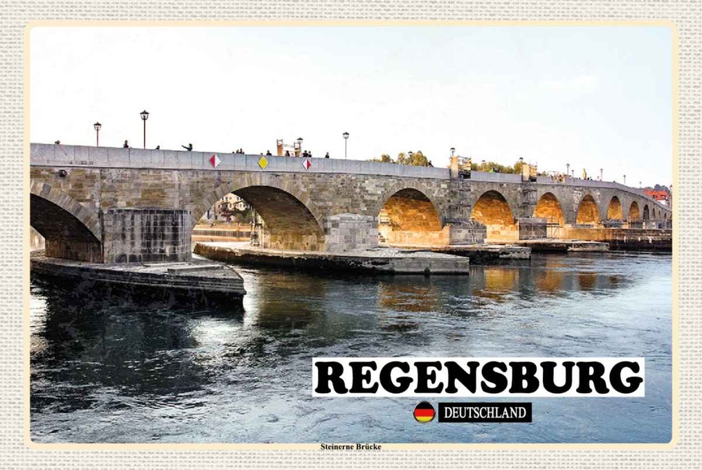 Holzschild 20x30 cm Regensburg Steinerne Brücke Fluss Bildmotiv Reisemotiv Abenteuer Reisen