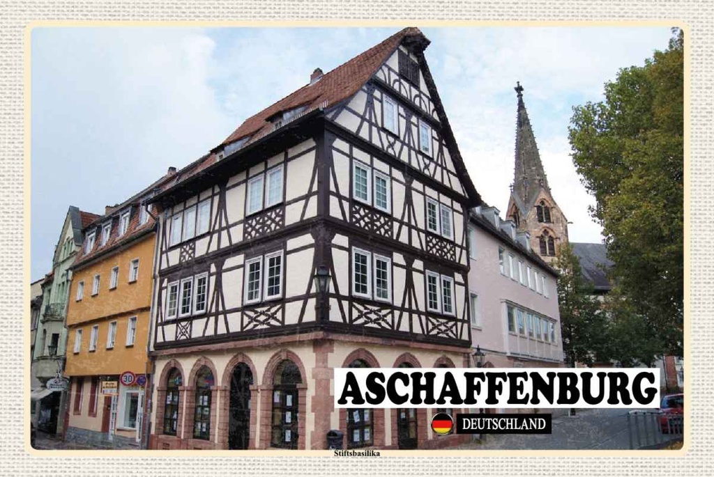 Holzschild 20x30 cm Aschaffenburg Stiftbaslika Altstadt Bildmotiv Reisemotiv Abenteuer Reisen