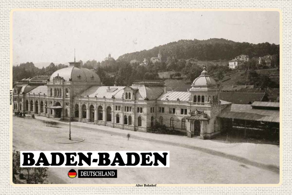 Holzschild 20x30 cm Baden-Baden Alter Bahnhof Bildmotiv Reisemotiv Abenteuer Reisen