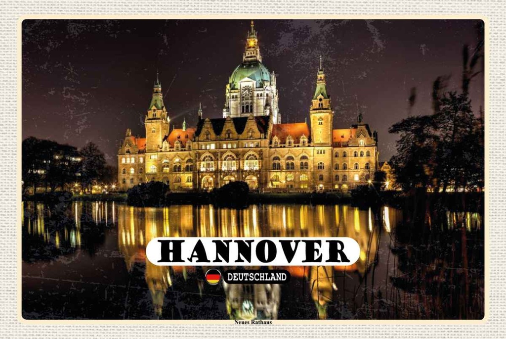 Holzschild 20x30 cm Hannover Neues Rathaus Abend Bildmotiv Reisemotiv Abenteuer Reisen