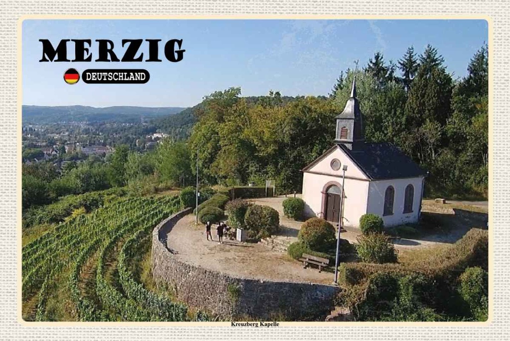 Holzschild 20x30 cm Merzig Kreuzberg Kapelle Berg Bildmotiv Reisemotiv Abenteuer Reisen