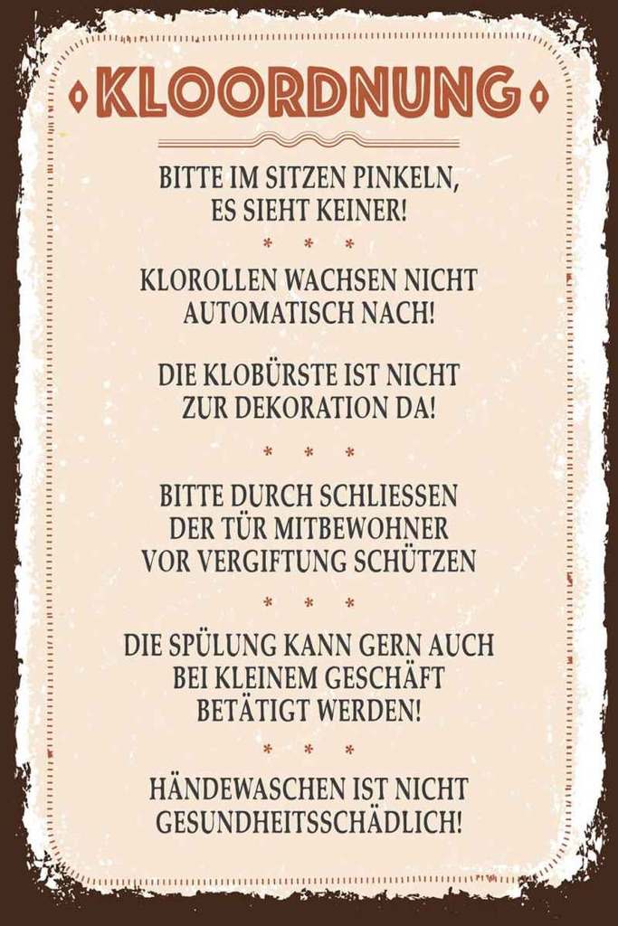 Holzschild 30x20 cm Kloordnung bitte im sitzen pinkeln