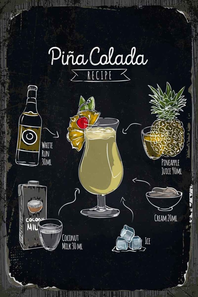 Holzschild 30x20 cm Pina Colada Coktail Recipe