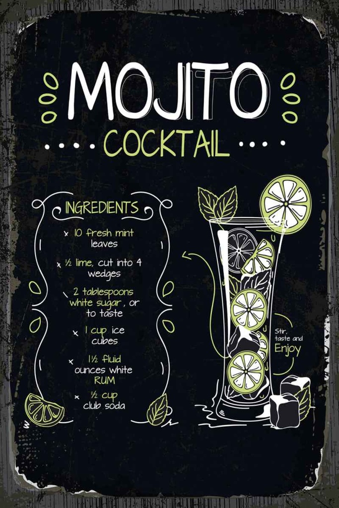 Holzschild 30x20 cm Mojito Cocktail Recipe
