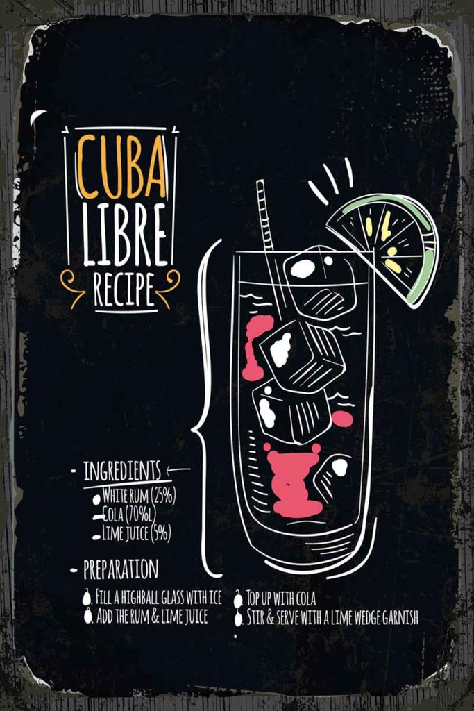Holzschild 30x20 cm Cuba Libre Cocktail Recipe