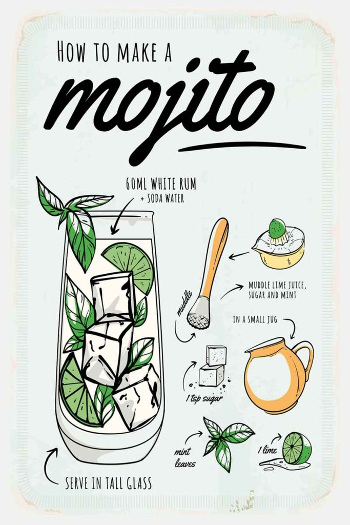 Holzschild 30x20 cm Mojito Cocktail Recipewhite rum