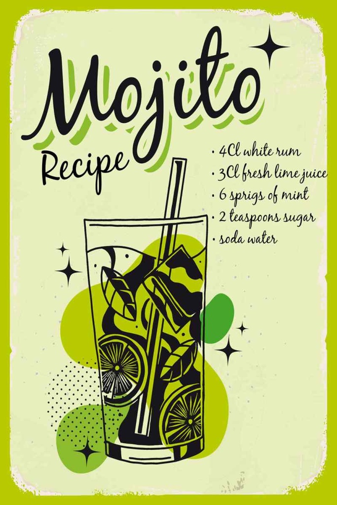Holzschild 30x20 cm Mojito Cocktail Recipe drink