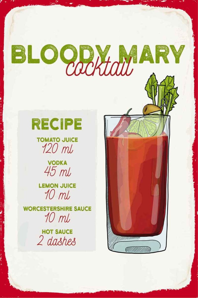 Holzschild 30x20 cm Bloody Mary Cocktail Recipe