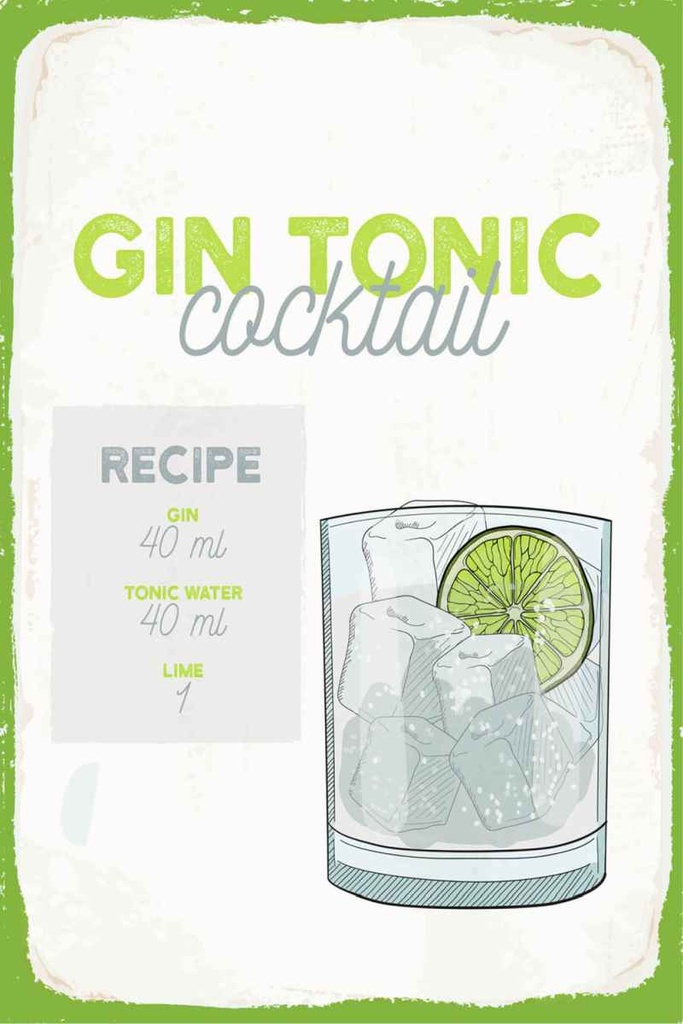 Holzschild 30x20 cm Gin Tonic Cocktail Recipe
