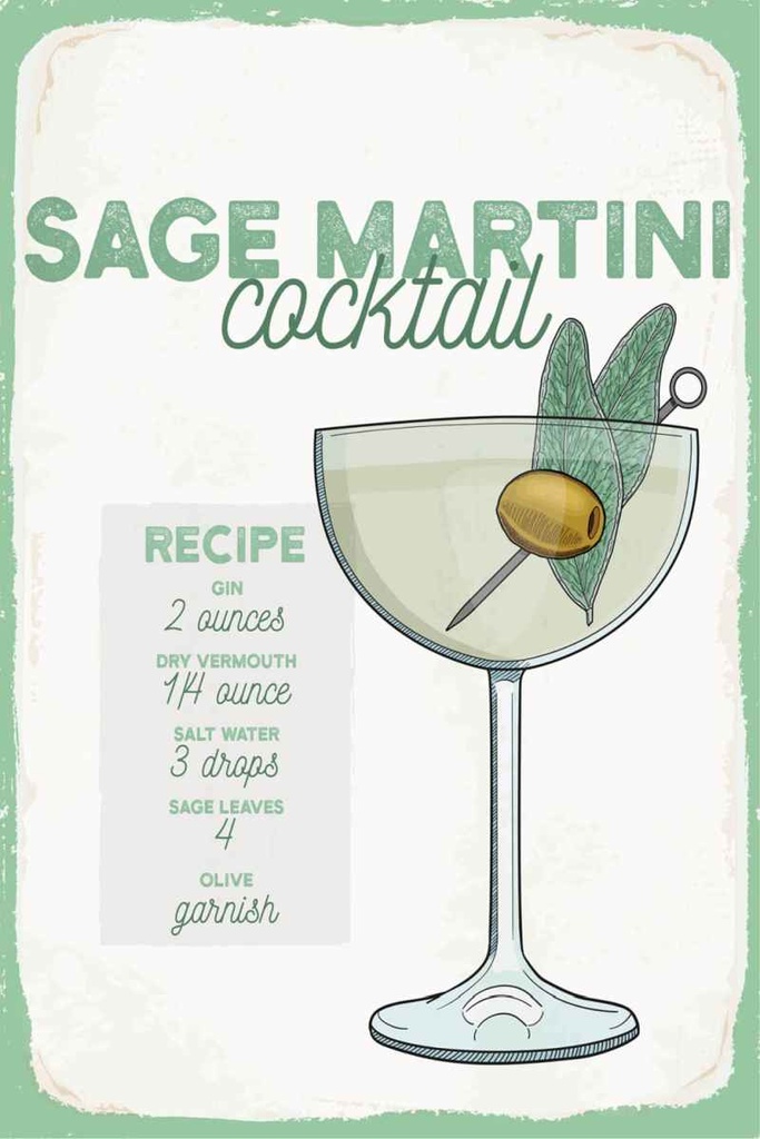 Holzschild 30x20 cm Sage Martini Cocktail Recipe