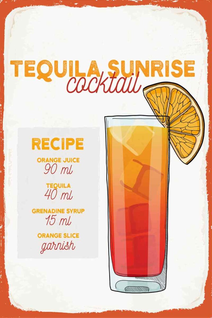 Holzschild 30x20 cm Tequila Sunrise Cocktail Recipe