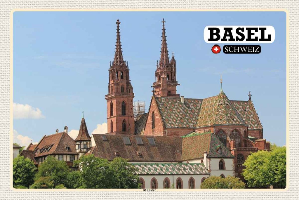 Holzschild 20x30 cm Basel Schweiz Münster Kirche Bildmotiv Reisemotiv Abenteuer Reisen