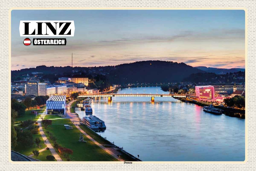 Holzschild 20x30 cm Linz Österreich Donau Fluss Bildmotiv Reisemotiv Abenteuer Reisen