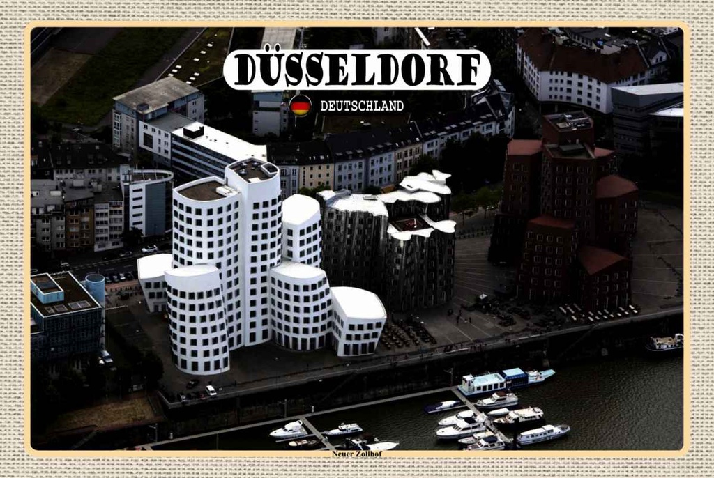Holzschild 20x30 cm Düsseldorf Neuer Zollhof Gebäude Bildmotiv Reisemotiv Abenteuer Reisen