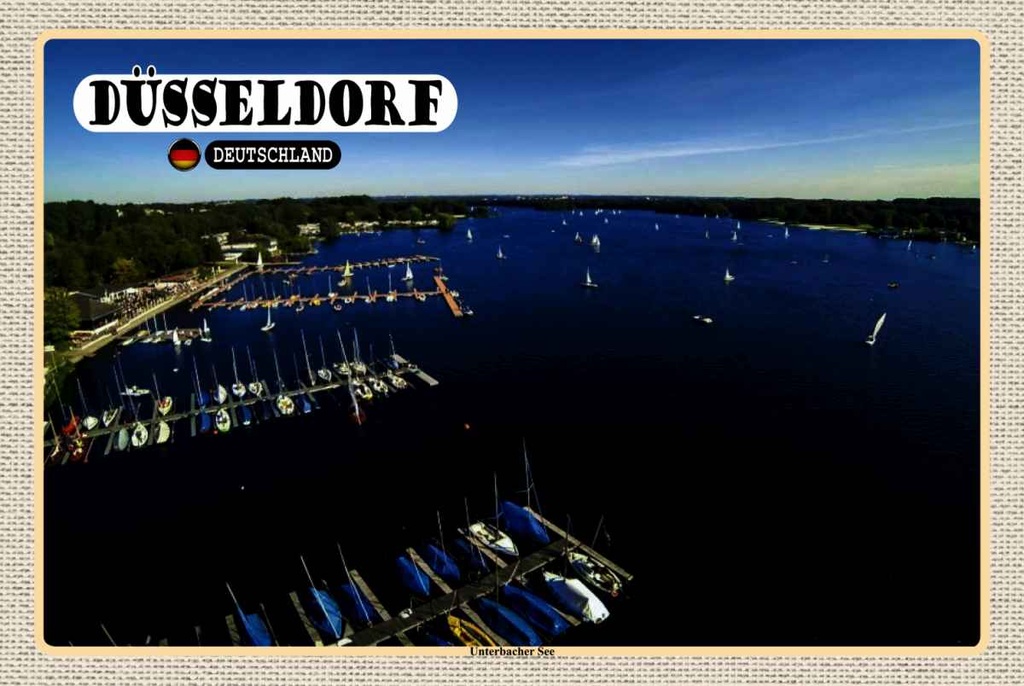 Holzschild 20x30 cm Düsseldorf Unterbacher See Boot Bildmotiv Reisemotiv Abenteuer Reisen