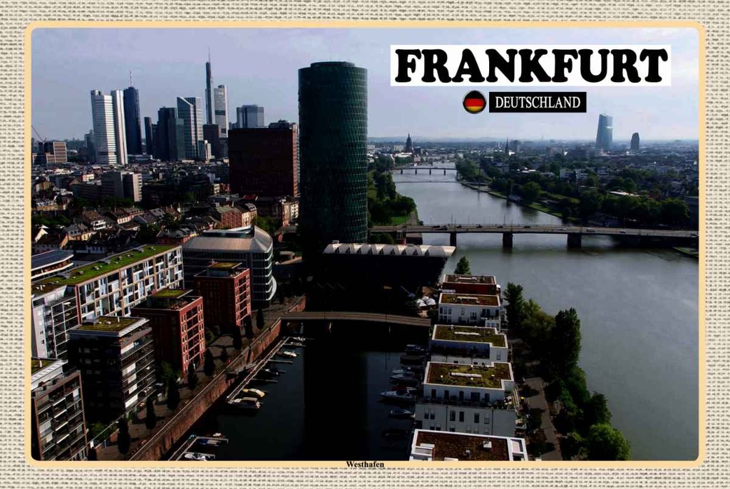 Holzschild 20x30 cm Frankfurt Deutschland Westhafen Bildmotiv Reisemotiv Abenteuer Reisen