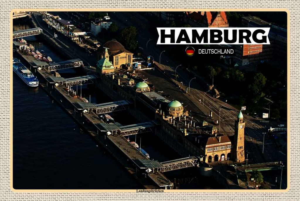 Holzschild 20x30 cm Hamburg Blick auf Landungsbrücken Bildmotiv Reisemotiv Abenteuer Reisen