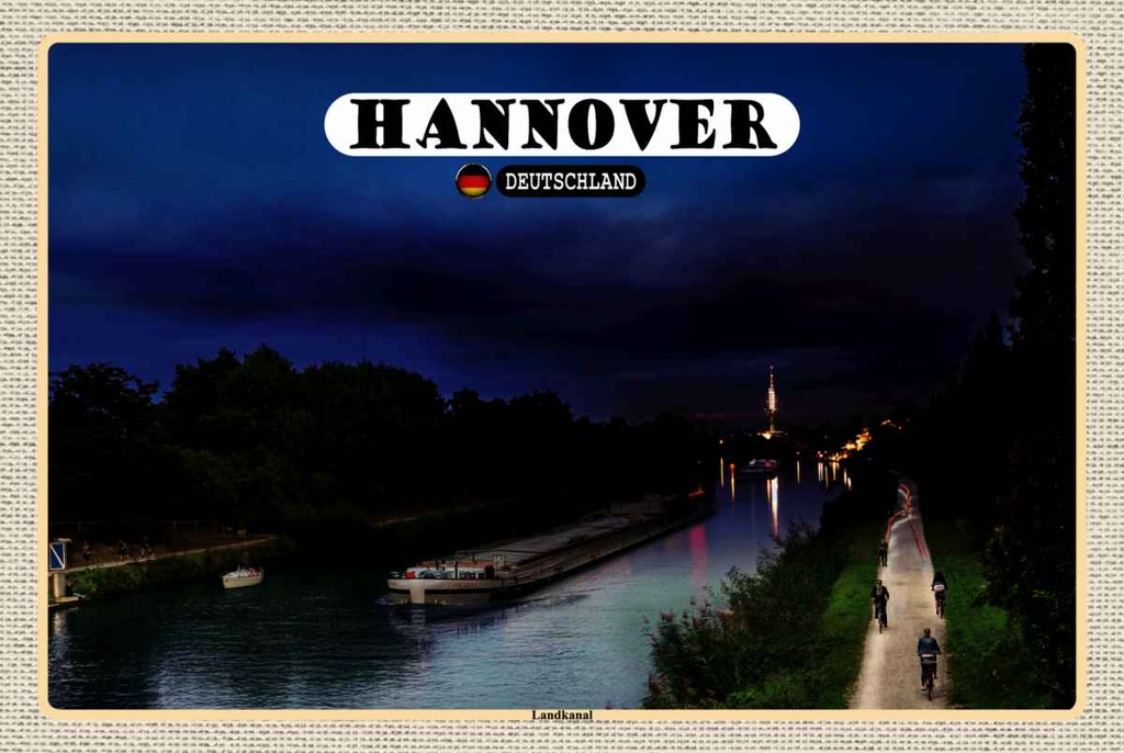 Holzschild 20x30 cm Hannover Landkanal Boote Nacht Bildmotiv Reisemotiv Abenteuer Reisen
