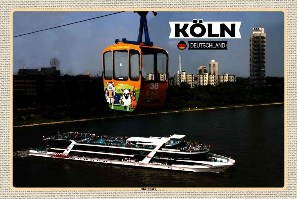 Holzschild 20x30 cm Köln Rheinpark Seilbahn Schiff Bildmotiv Reisemotiv Abenteuer Reisen