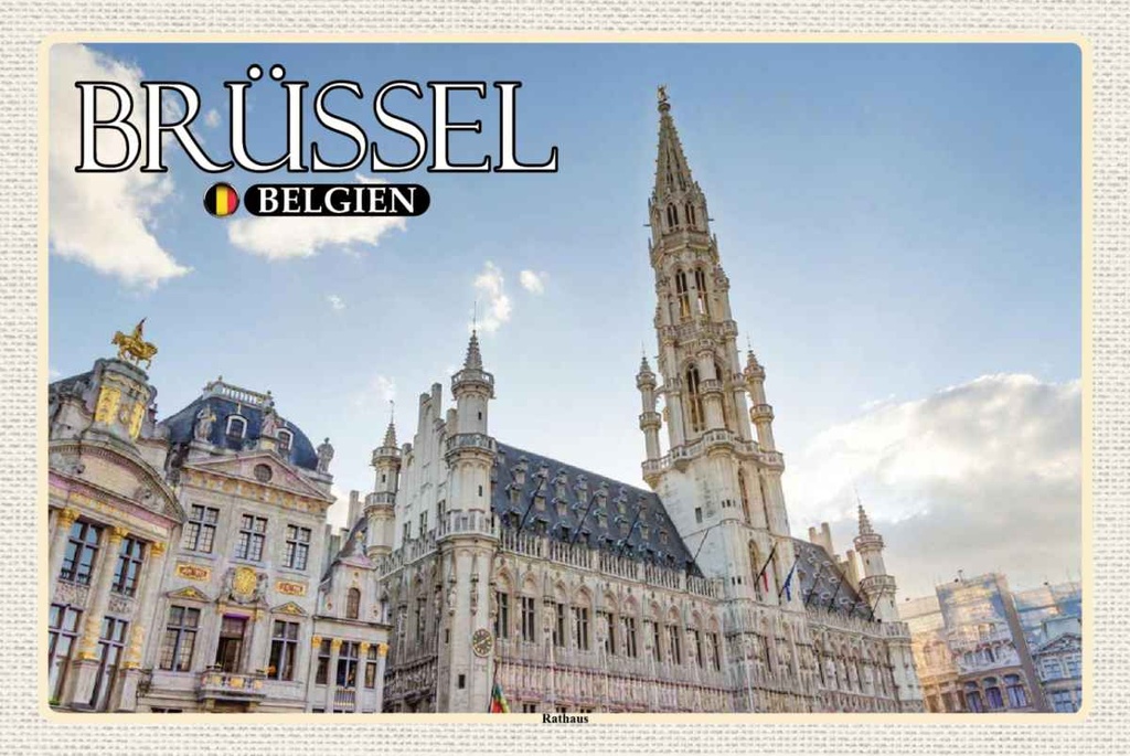 Holzschild 20x30 cm Brüssel Belgien Rathaus Wolken Bildmotiv Reisemotiv Europa