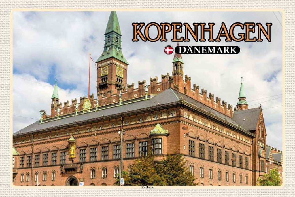 Holzschild 20x30 cm Kopenhagen Dänemark Rathaus Bildmotiv Reisemotiv Straße Stadt