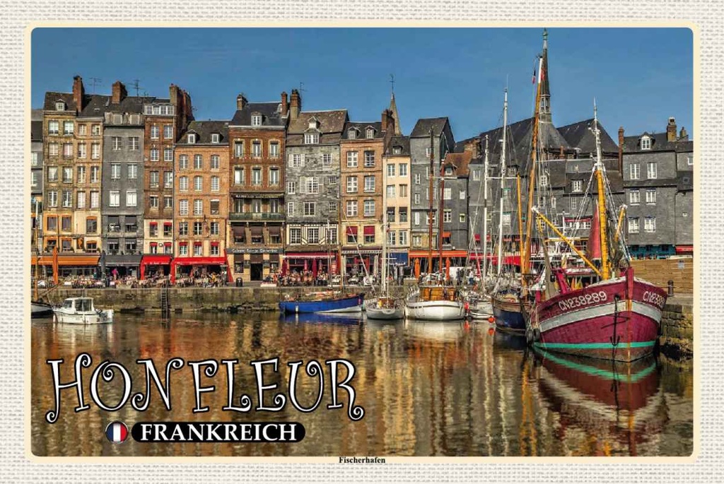Holzschild 20x30 cm Honfleur Frankreich Fischerhafen Boote Essen Trinken