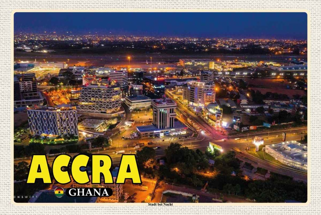 Holzschild 20x30 cm Accra Ghana Stadt bei Nacht Bildmotiv Reisemotiv Dekoration