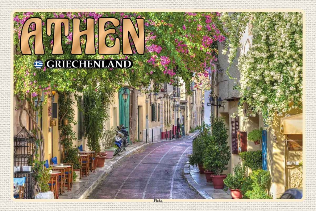 Holzschild 20x30 cm Athen Griechenland Plaka Stadtteil Bildmotiv Reisemotiv Abenteuer Reisen