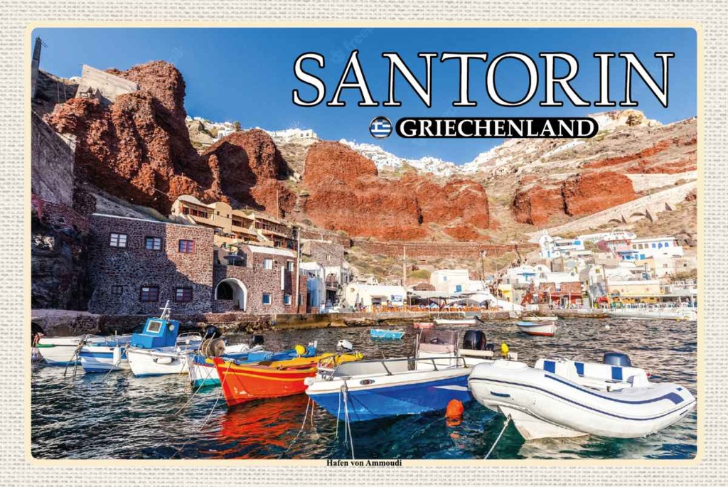 Holzschild 20x30 cm Santorin Griechenland Hafen von Ammoudi Bildmotiv Reisemotiv Europa