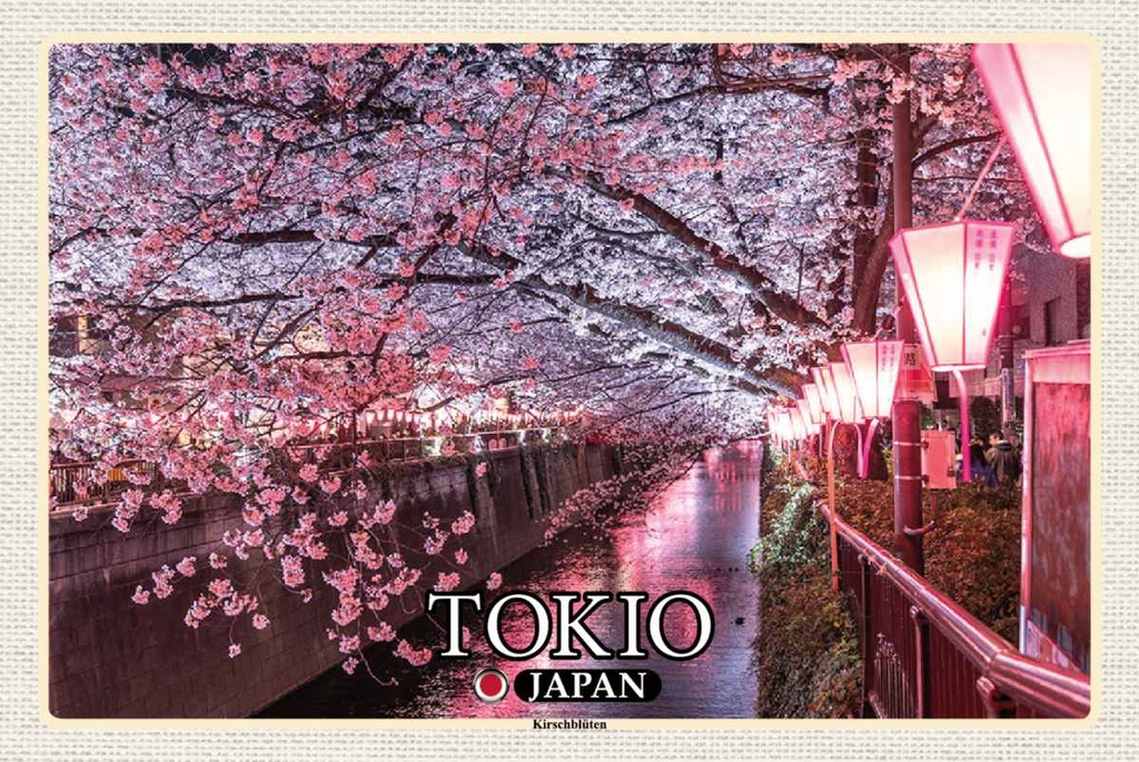 Holzschild 20x30 cm Tokio Japan Kirschblüten Bäume Fluss Bildmotiv Reisemotiv Abenteuer Reisen