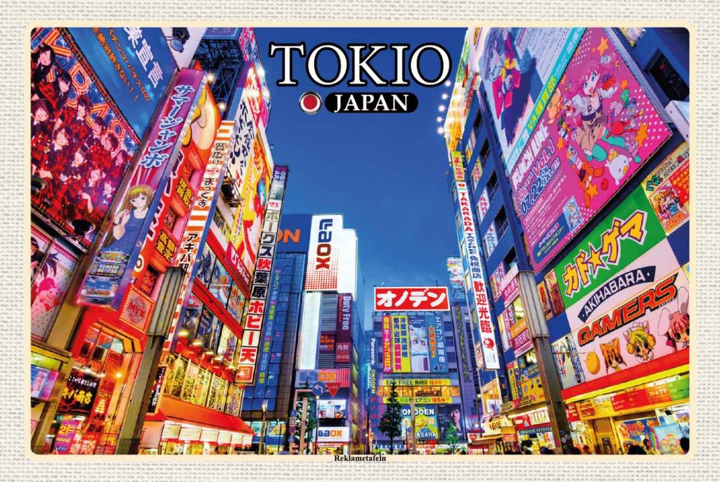 Holzschild 20x30 cm Tokio Japan Reklametafeln Bildmotiv Reisemotiv Straße Stadt