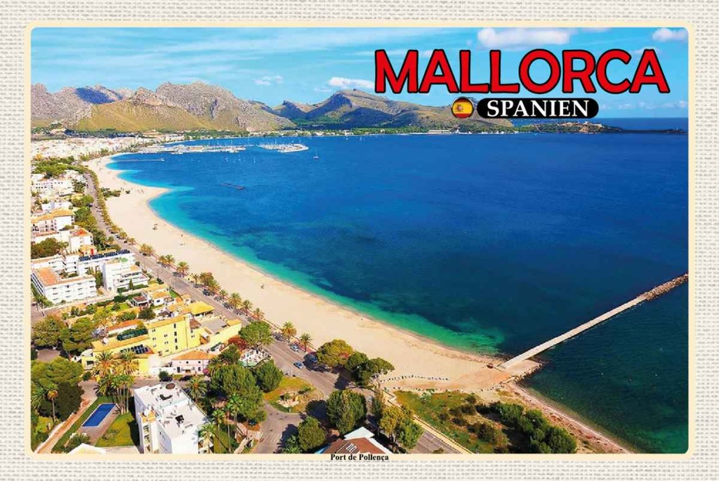 Holzschild 20x30 cm Mallorca Spanien Port de Pollenca Meer Bildmotiv Reisemotiv Europa