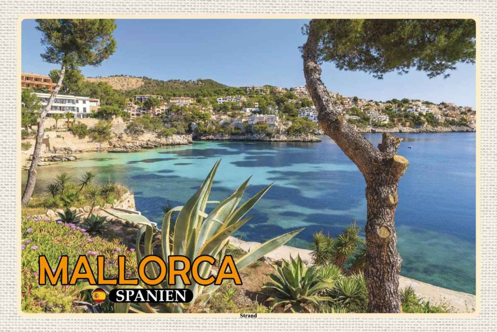 Holzschild 20x30 cm Mallorca Spanien Strand Meer Stadt Bildmotiv Reisemotiv Europa